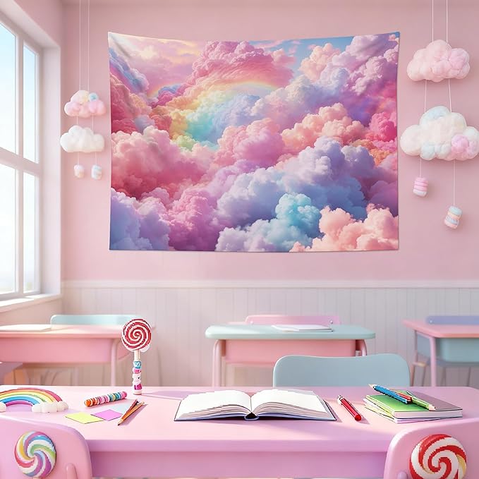 LB Pink Cloud Tapestry Pastel Cloud with Rainbow Sky on Colorful Background Tapestry Wall Hanging Aesthetic Nature Wall Decor for Bedroom Living Room Dorm 60Wx40L Inches