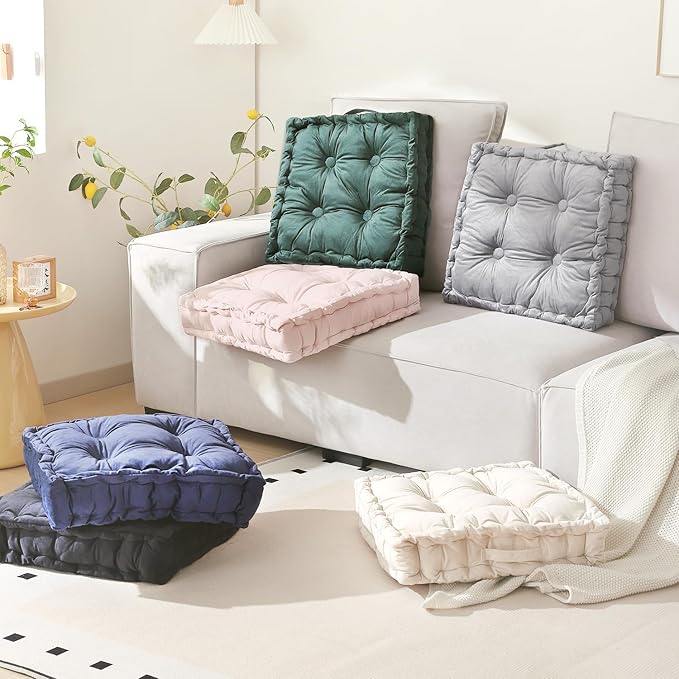 Square Floor Pillows, Large Floor Cushion for Adults Kids, Meditation Floor Pillow Seating Cushion with Shredded Memory Foam and Silk Wadding, 20"x20"x5" Ivory