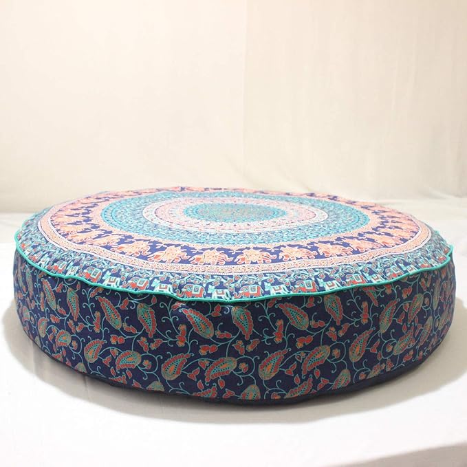 Indian Mandala Decorative Cotton Floor Cushion Cover Large Round Floor Pillow Case Boho Pillow Case Ottoman Pouf Cover 35" Round Pouf Pet Dog Bed Cover