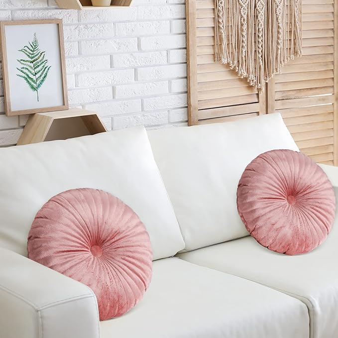 Namalu 2 Pcs Round Throw Pillow 13.8 Inch Decorative Round Velvet Floor Pillows Pumpkin Throw Pillows with Center Button for Thanksgiving Home Decor Living Room Sofa Couch Bed Chair (Pink)