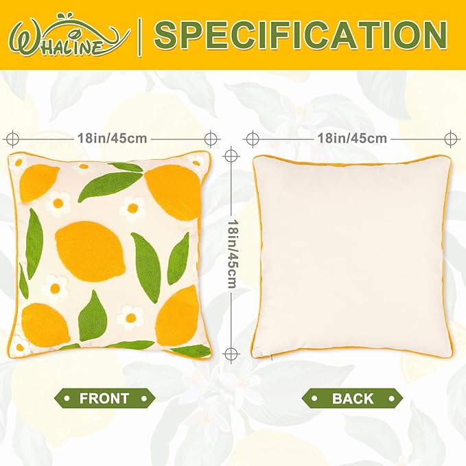 Whaline 2 Pcs Summer Tufted Throw Pillow Covers Embroidered Lemon Daisy Pillow Case Fruit Jacquard Decorative Cushion Case for Living Room Bedroom Couch Sofa Bed Home Decor, 18 x 18 Inch