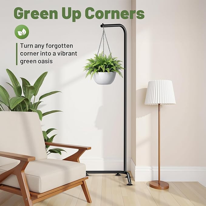 Hanging Plant Stand Indoor, Corner Plant Stands for Indoor Plants, Black Metal Hanging Plant Holder with Suction Base, Standing Plant Hanger for Living Room, Balcony, Garden, Bathroom