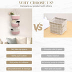 TeoKJ Over the Door Organizer, 3-Tier Woven Cotton Hanging Kitchen Baskets Storage Organizer Bag with Hooks Wall-Mounted Decorative Rope Baskets - Pink+White