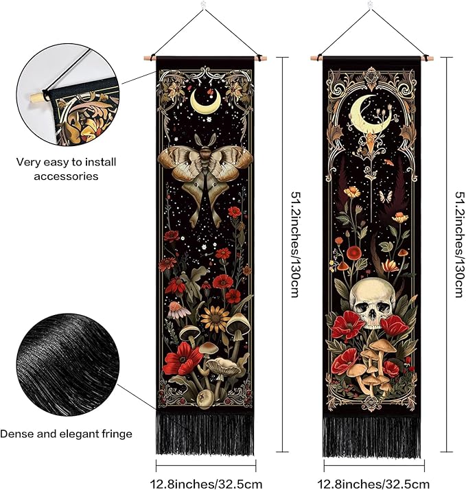 ARTCREATOR Pack of 2 Witchy Gothic Wall Bedroom Decor Moth Moon Tapestry Skull Mushroom Vertical Tapestries Retro Floral Flowers Tapestries for Bedroom Aesthetic Art Room (12.8 x 51.2 inches)