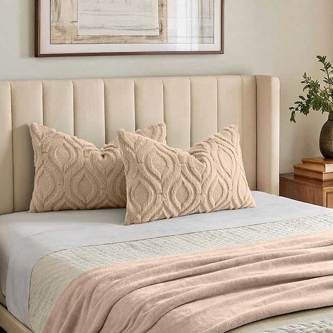 decorUhome Cozy Textured Throw Pillow Covers 12x20 Inch Set of 2, Soft Plush Faux Wool Light Khaki Accent Couch Pillow Covers for Modern Farmhouse Sofa Bed Living Room