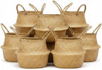 Qunclay 8 Pcs Woven Seagrass Baskets Belly Basket Folding Boho Natural Plant Pot with Handles Round Decorative Wicker Large Indoor Planter for Home Outdoor Tree Planters Decor (L,13''dx11''h)