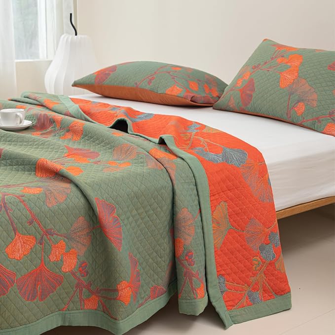 100% Cotton Muslin Blanket Jacquard Green Orange Floral Ginkgo Leaves Quilt, Soft Bed Cover Lightweight Breathable Gauzy Reversible Bedspread Coverlet King(98"x94"), No Pillow Sham