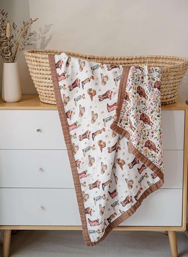 Little Jump Cowgirl Floral & Highlandcow Muslin Blanket Baby Quilt - Silky Soft and Breathable Crib Blanket for Daycare - Large 47" x 47" - 2 Layers Toddler Summer Blankets for Girls (Cow Girl)