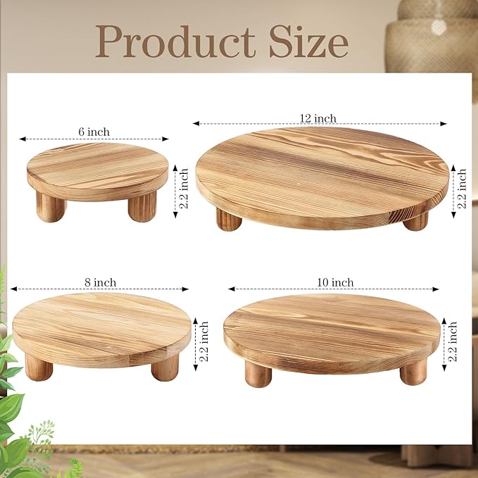 Sintuff 4 Pack Mini Wooden Plant Stool Display Wood Cake Stand 12/10/8/6 Inch Round Plant Risers Holder for Flower Pot Wooden Stool Indoor Outdoor Wood Stand(Wood Color)