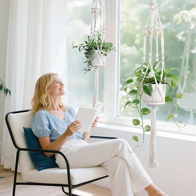 2 Pack Macrame Plant Hanger with Grow Light: Boho Hanging Planters with Light for Indoor Plants, Ideal for Apartments, Small Spaces, Low-Light Rooms (GrowPro Spectrum)