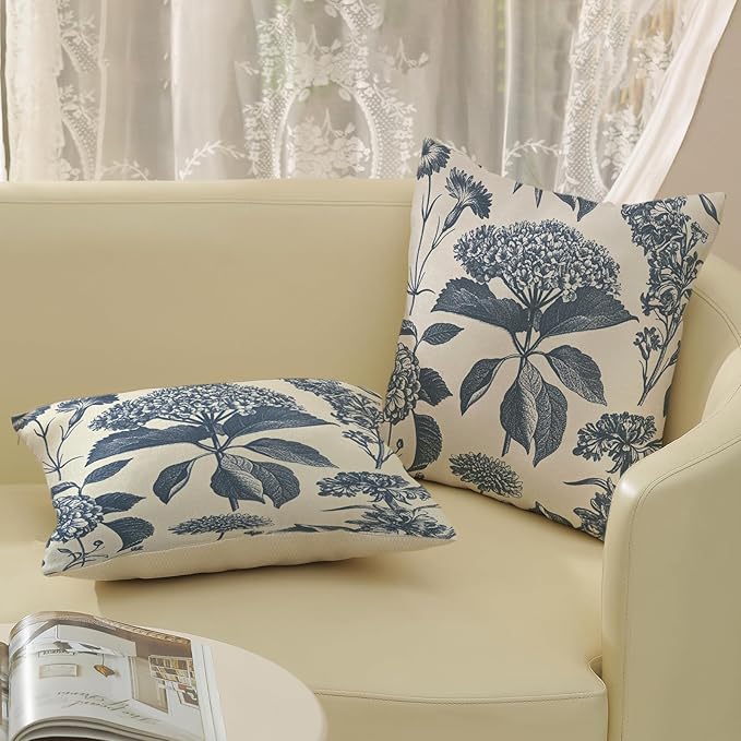 Blue Pillow Covers 16x16 Set of 2 Vintage Boho Floral Hydrangea Herbs Botanical Throw Pillow Cover Outdoor Flower Decoration Pillowcase Linen Farmhouse Cushion Case Decorative for Couch Sofa