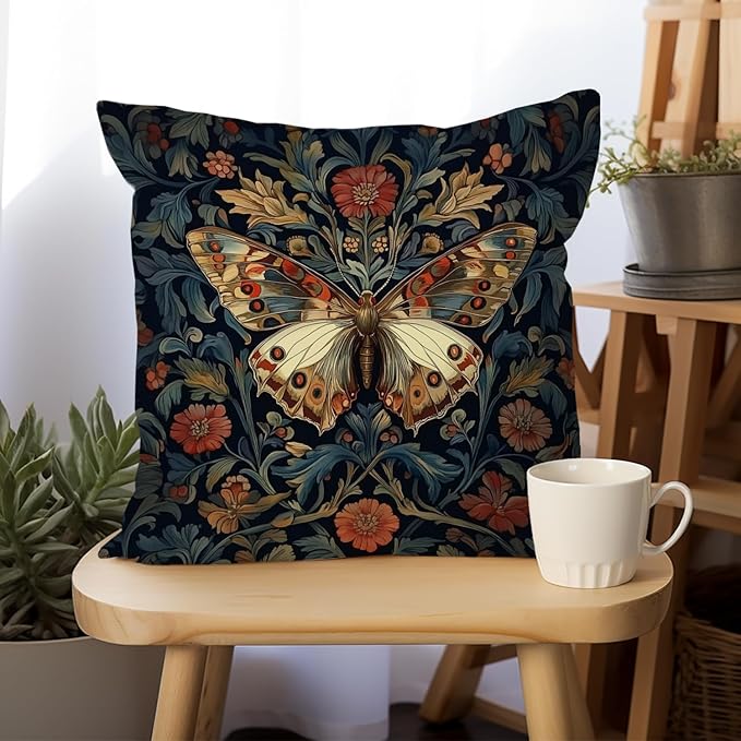 William Morris Abstract Vintage Floral Velvet Butterfly Design Throw Pillow Covers Home Decor, Retro Art Decor Pillowcase Cushion Cover for Bed Sofa Living Room, Square 18x18inch (Blue-Butterfly)
