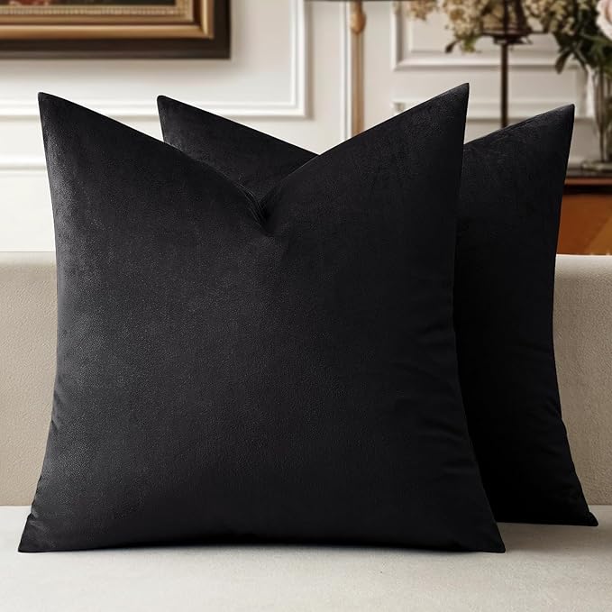 MIULEE 24x24 Inch Euro Sham Velvet Pillow Covers, Set of 2 Large Square Decorative Pillows -Black Super Soft for King Bed, Sofa, Couch, Accent Chairs with Hidden Zipper