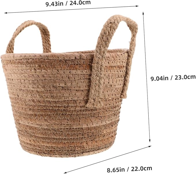 1Pcs Woven Seagrass Plant Basket with Handles Natural Round Storage Basket for Indoor Plants Versatile Home Decor Rattan Flower Pot Nordic Design