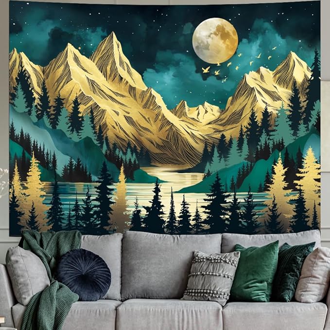 Dermijer Mountain Forest Tree Moon Stars Nature Landscape Wall Hanging Vintage Aesthetic Magic River Wall Tapestry for Bedroom Living Room W78.7×H59.1