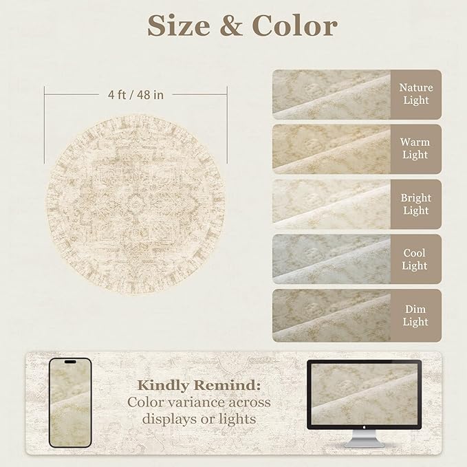 Beige Round Rugs 4ft, Low Pile Thin Washable Non Slip Small Circle Rug for Entryway Kitchen Dining Room, Tranditional Medallion Distressed Neutral Round Carpet for Bedroom Living Room