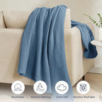 PHF 100% Cotton Muslin Throw Blanket 50" x 60", 4-Layer Lightweight Gauze Throw, Breathable Cloud-Soft Minimalist Blanket for Bed, Couch, Camping & Baby, Denim Blue, Ideal Gift