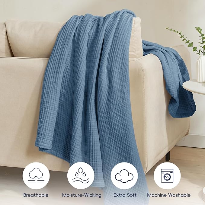 PHF 100% Cotton Muslin Throw XL Blanket Large 50" x 70", 4-Layer Lightweight Gauze Throw, Breathable Cloud-Soft Minimalist Blanket for Bed, Couch, Camping & Baby, Denim Blue, Ideal Gift