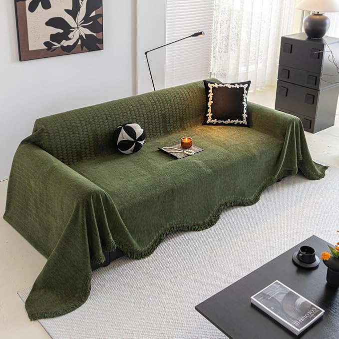 ROOMLIFE Green Sofa Cover, Vintage Boho Couch Cover for 3 Cushion Sofa, Non Slip Soft Chenille Sofa Slipcovers for Dog, Washable Furniture Sofa Protector Cover with Tassel for Living Room, 71''X150”