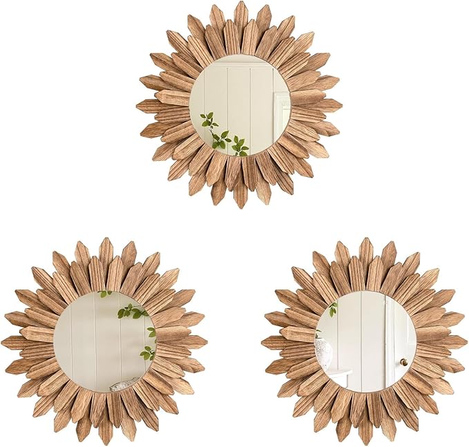 LOSOUR Boho Wall Decor Sunburst Mirror 3 Pack Rustic Round Wood Mirror 12 inch Boho Mirror Home Decor Farmhouse Room Decorations for Bedroom Living Room Entryway