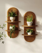 Bamworld Boho Wall Decor Brown Plant Wall Shelf, Mid Century Modern Decor Hanging Plant Shelf, 2-Tier Wooden Floating Shelves for Home, Bathroom Bedroom Living Room, Office Planter Decoration 2 pcs