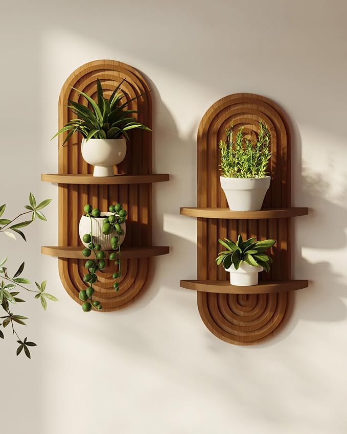Bamworld Boho Wall Decor Brown Plant Wall Shelf, Mid Century Modern Decor Hanging Plant Shelf, 2-Tier Wooden Floating Shelves for Home, Bathroom Bedroom Living Room, Office Planter Decoration 2 pcs