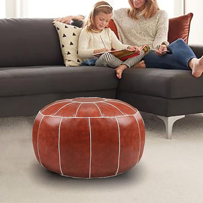 Decorative Pouf Foot Stool Round Unstuffed Leather Ottoman Cushion Storage seat or for Resting Your Feet on, Floor Chair Foot Living Room Bedroom Kids Room and Wedding (Rust)
