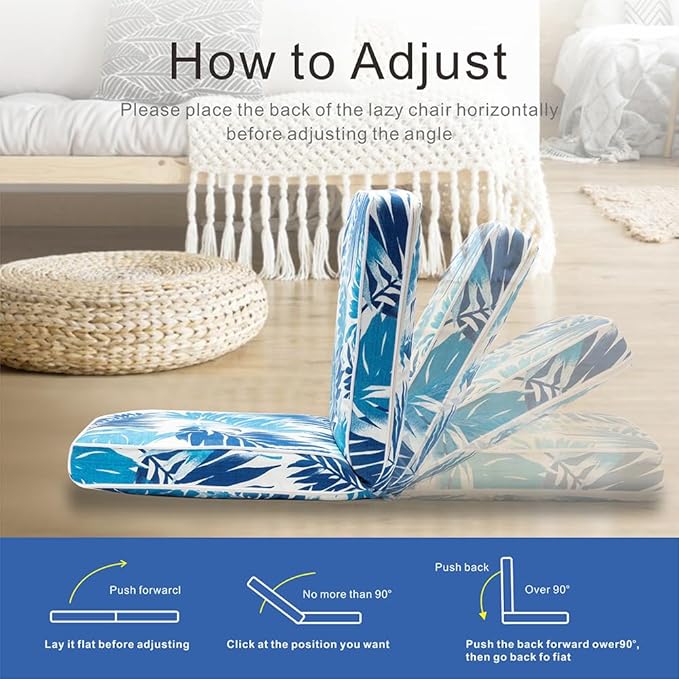 JMGBird Adjustable Floor Chair - 5-Position Gaming & Meditation Cushion with Back Support, Waterproof Blue Palm Leaves Design for Indoor/Outdoor Use