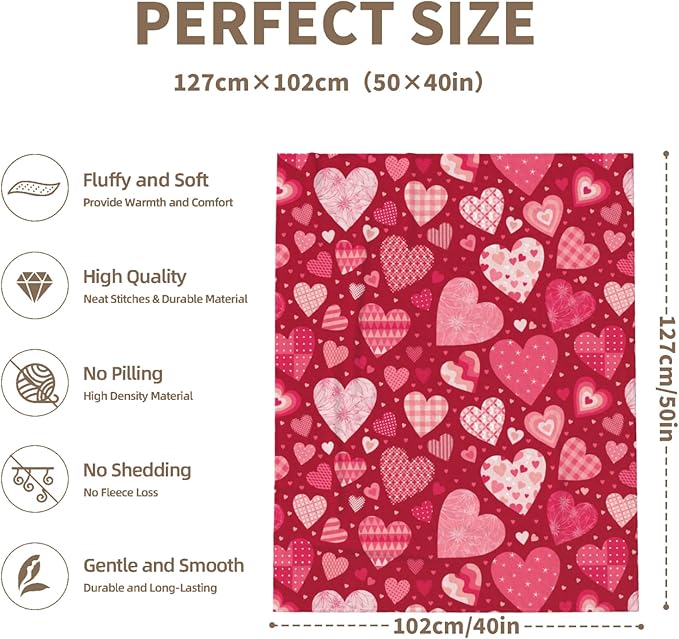 Valentines Heart Blanket Soft Flannel Lightweight Valentine Pink Love Hearts Throw Blanket Cozy Warm Blankets All Seasons Living Room Decor for Kids Adults Use On Sofa Couch Bed Office 40x50 inch