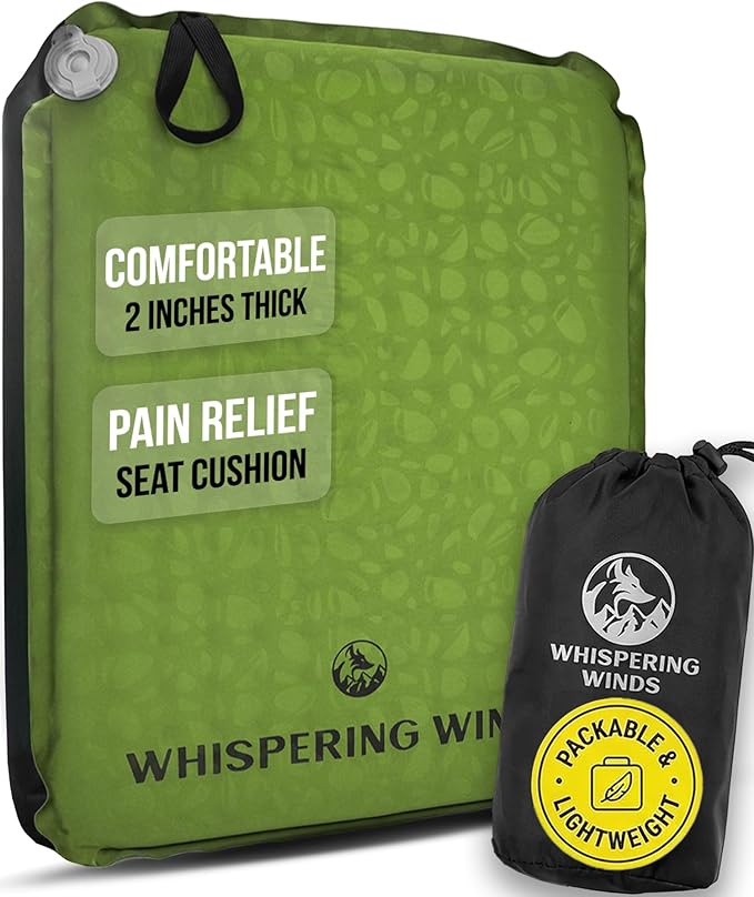 Whispering Winds Inflatable Seat Cushion - Comfortable Blow-up Foam Pad for Airplane, Travel, Stadium, Outdoors, Camping, Car & More