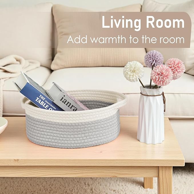 Woven Basket,Small Rope Storage Bin with Handles & Ribbon Bag, Organizer for Shelves Closets,Gift Basket Empty for Birthday,Books,Dog Toys, White&Grey/2 Pack