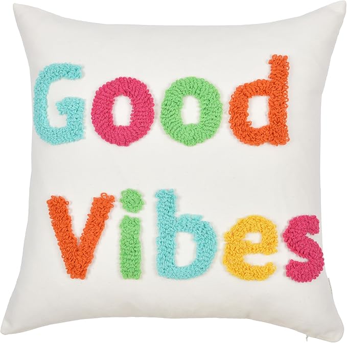 "Good Vibes Boho Pillow Covers 18X18 Inch Decorative Words Tufted Throw Pillow Covers Farmhouse Pillow Case for Couch Sofa Bed Living Room Bedroom, Teal/Green/Orange