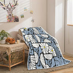 Boho Abstract Colorful Floral Throw Blanket, Vintage Retro Patchwork White Blue Flower Botanical Geometric Aesthetic Groovy Flannel Throw Blanket for Chair Bed Sofa Couch, 60X80IN
