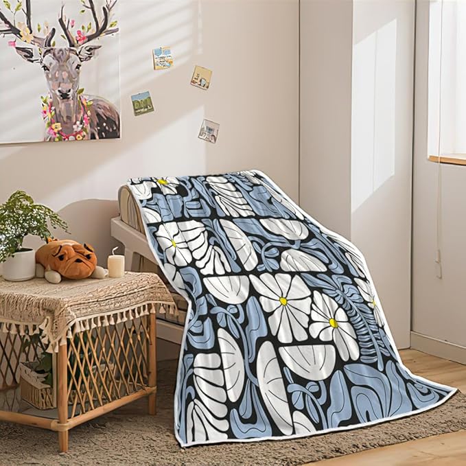Boho Abstract Colorful Floral Throw Blanket, Vintage Retro Patchwork White Blue Flower Botanical Geometric Aesthetic Groovy Flannel Throw Blanket for Chair Bed Sofa Couch, 60X70IN