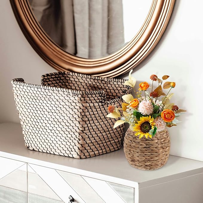 Cabilock Handwoven Hyacinth Planter Basket, Natural Woven Rattan Storage Basket for Small Plants, Eco-Friendly Indoor & Outdoor Decorative Pot Cover for Farmhouse, Boho Home Decor