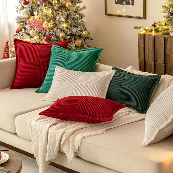 MIULEE Decorative Euro Sham Throw Pillow Covers for Couch Bed Livingroom 26x26 Inch Set of 2 Dark Green Boho Accent Throw Pllows Broadside Striped Patchwork Soft Corduroy Pillowcases