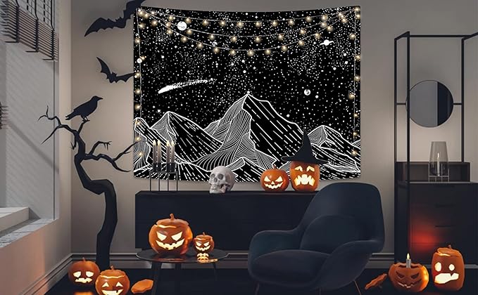 Zussun Black and White Tapestry Starry Night Mountain Tapestries for Bedroom Aesthetic Moon and Stars Tapastry's Wall Hanging Dark Nature Forest Wall Tapestry for Living Room Dorm (Dark, 48'' × 36'')