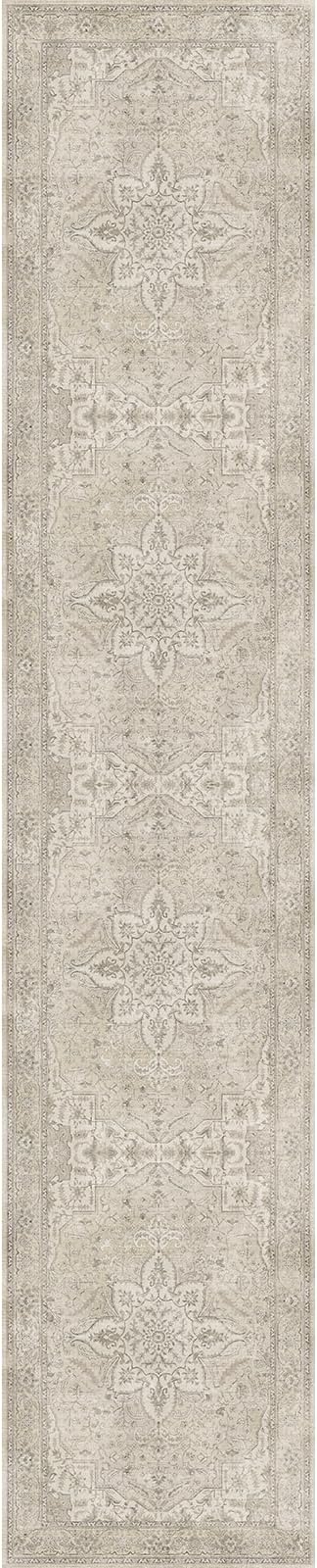 GENIMO 2X10 Washable Vintage Runner Rug for Hallway, Non-Slip Low Pile Chenille Print Rug, Soft Rugs for Indoor Entryway Kitchen Corridor, Linen & Taupe