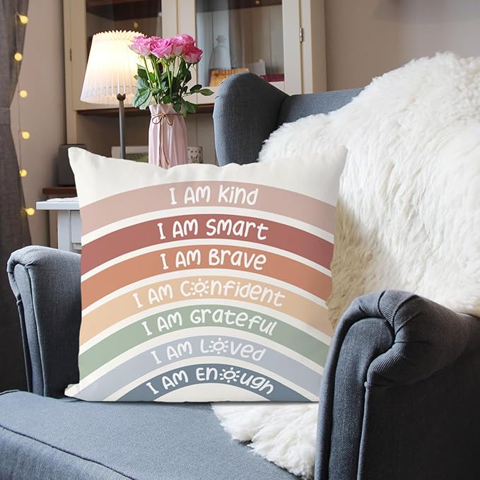 QIYUHOY Classroom Reading Corner Rainbow Decor Throw Pillow Covers, Book Center Calming Corner Home Bedroom Playroom Decor Pillow Case, 22x22 Inch Pillowcase(red)