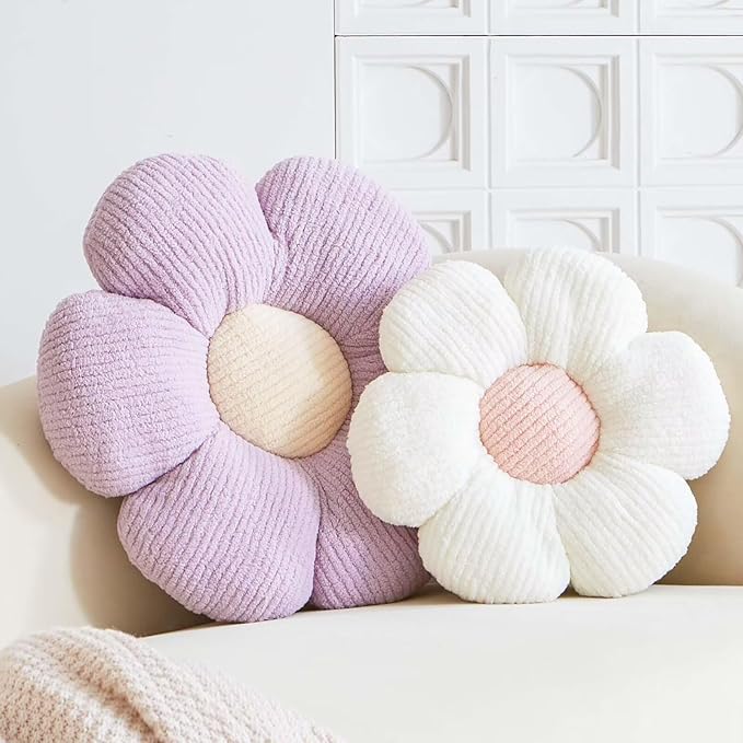 Lavender Flower Decorative Throw Pillows for Bed Couch, Cute Daisy Shaped Plush Aesthetic Pillow, Soft 14.9" Floor Seat Cushion