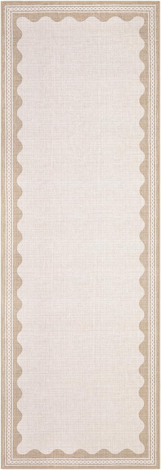 Scalloped Beige 2.5x8 Runner Rug for Hallway Washable Kitchen Rugs Non Slip Solid Modern Minimalism Soft Low-Pile Scalloped Indoor Carpet for Entryway Laundry Room Floor Mats
