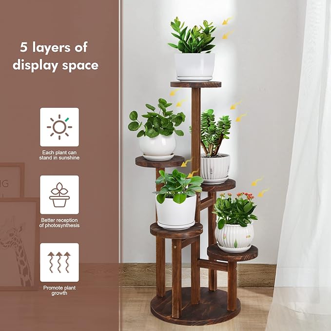5 Tier Plant Stand Indoor, Tall Wood Corner Plant Shelf for Multiple Plants, Multi-tiered Flower Pot Holder Display Rack for Living Room, Balcony, Patio (Carbonized Brown)
