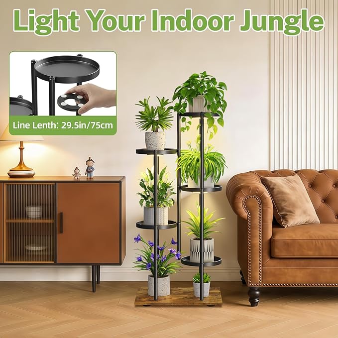 iDavosic.ly 5 Tier Plant Stand Indoor with Grow Lights, Tiered Corner Multiple Flower Pot Holder Shelf, Metal Tall Display Rack for Porch Living Room Balcony Bedroom, Modern Black & Rustic Brown