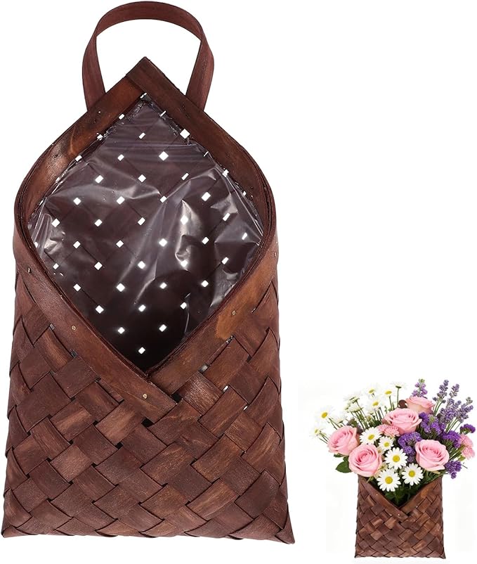 VOSAREA Vintage Woven Wall Hanging Storage Basket for Home Multi Functional Flower Pot Holder Rustic Wall Pocket Organizer for Flowers and Sundries