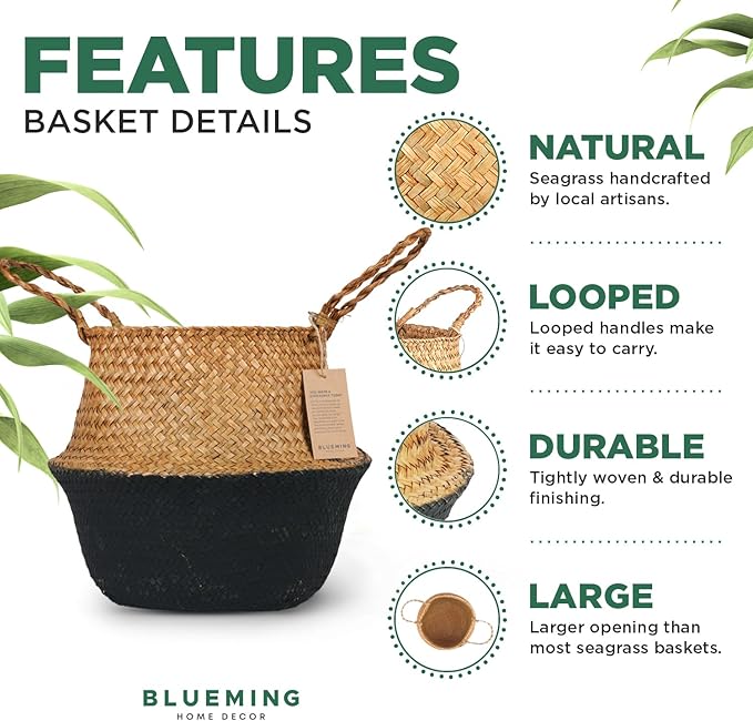 Blueming Large Seagrass Planter Basket – Wicker Planter Pot for Olive Trees, Faux Plants, or Snake Plant, Woven Rattan Planters for Modern Home Decor (Black Bottom, Large)