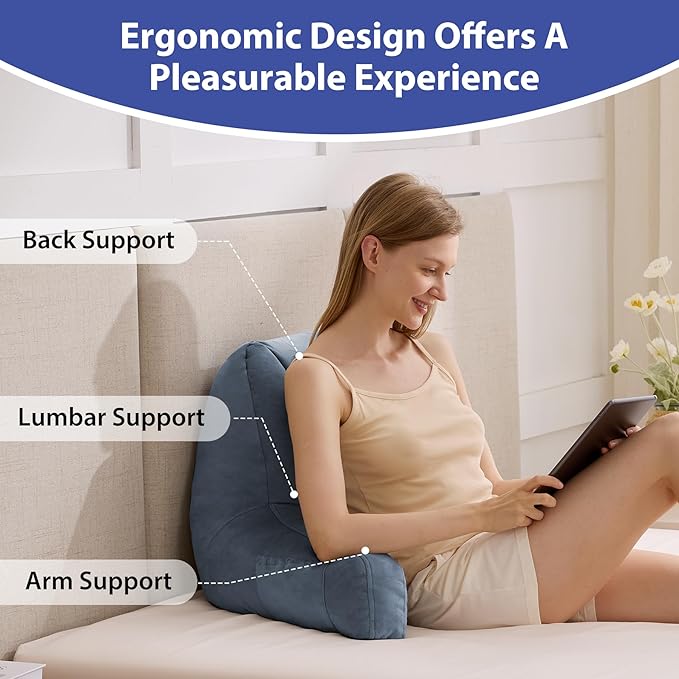 Reading Pillows for Sitting in Bed Adult, Back Pillow for Bed Sitting Up, Backrest Pillows with Shredded Foam for Adult&Teens, Support Pillow with Arms for Beds, Couch, Floor, 24in, Navy Blue