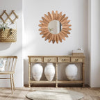 Emfogo Wall Mirror 21 inch Rustic Wood Sunburst Boho Mirror Wall Decor Home Decor for Bedroom Living Room Entryway Farmhouse (Carbonized Black)