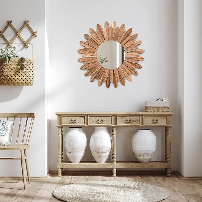 Emfogo Wall Mirror 21 inch Rustic Wood Sunburst Boho Mirror Wall Decor Home Decor for Bedroom Living Room Entryway Farmhouse (Carbonized Black)