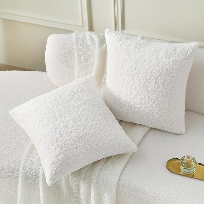 FUTEI Cream White Throw Pillow Covers 26x26 Inch Set of 2,Furry Faux Fur Teddy Boucle Textured Cushion Covers,Soft Fluffy Decorative Euro Pillow Shams,Home Decor for Couch Bed Living Room Office Car