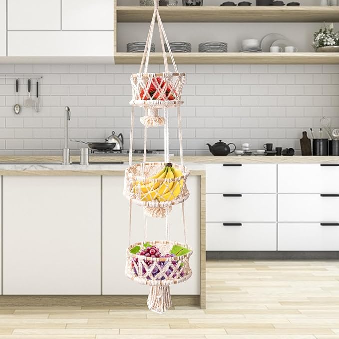 Multi Layer Woven Rope Organizer | Boho Hanging Plant Holder – 3-Tier Macrame Flower Basket, Decorative Indoor Pot Storage, Unique Hanging Ornament for Bedroom, Balcony, Kitchen, Office, Housewarming